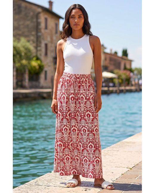Roman Red Tile Hem Print Stretch Skirt