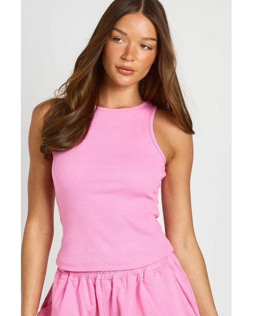 Boohoo Pink Ribbed Racer Longline Tank Top