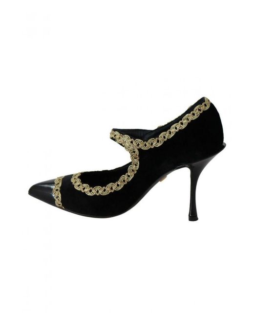 Dolce & Gabbana Black Embellished Velvet Mary Jane Pumps Shoes Viscose