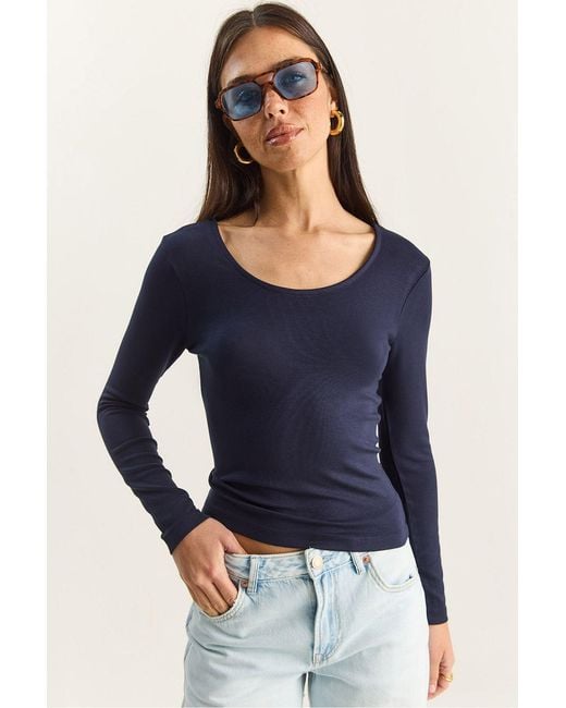 Bianco Lucci Blue Slim Fit U Collar Knitted Blouse