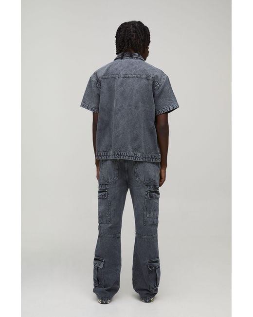 BoohooMAN Gray Herringbone Denim Cargo Shirt for men