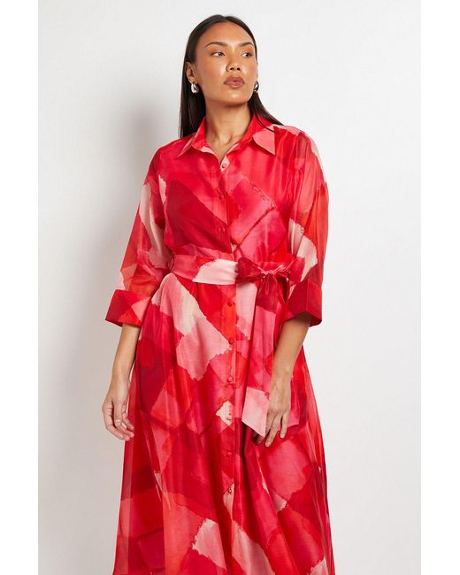 PRINCIPLES Red Petite Watercolour Geo Organza Shirt Dress