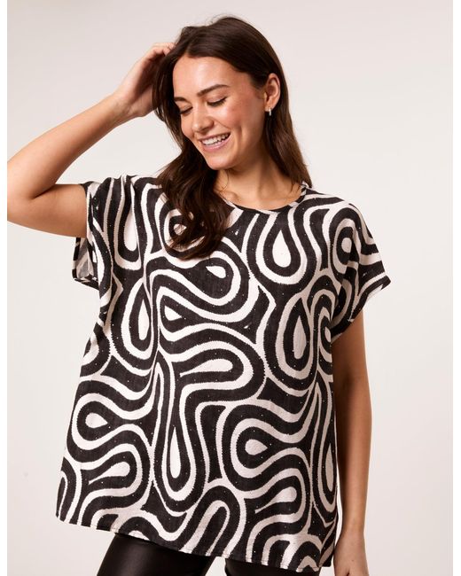 Blue Vanilla Black Round Neck Top With Abstract Print