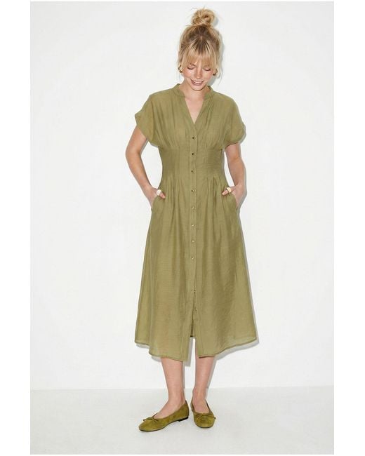 Bianco Lucci Green A-Line Midi Dress With V-Neck And Buttons