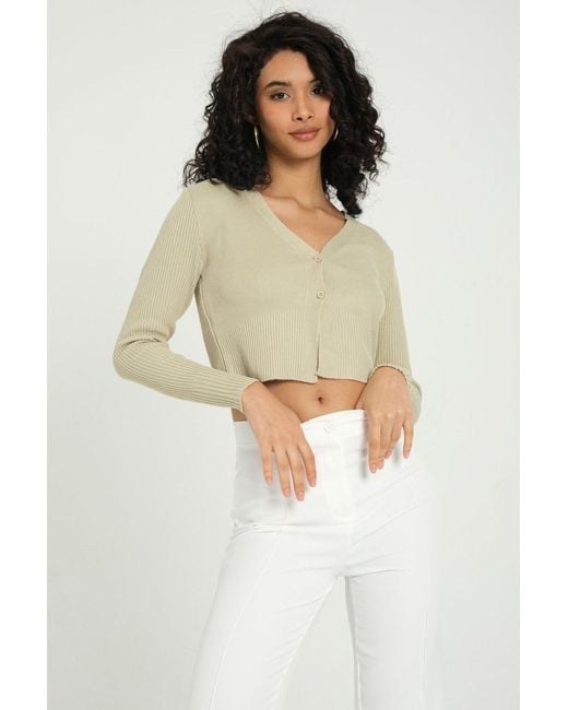 Hiccup White Solid V Neck Cropped Cardigan