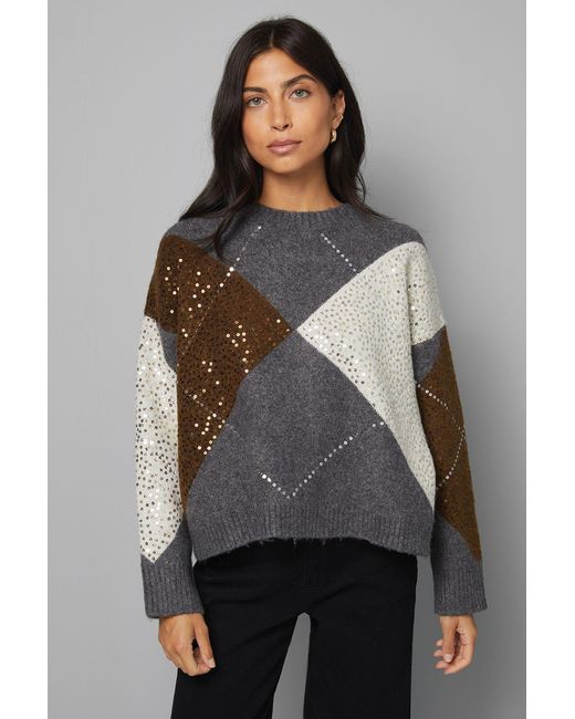 Wallis Gray Oversized Argyle Jumper