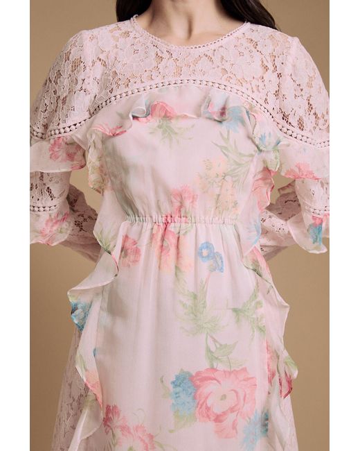 Oasis Brown Lace Mix Frill Midaxi Dress