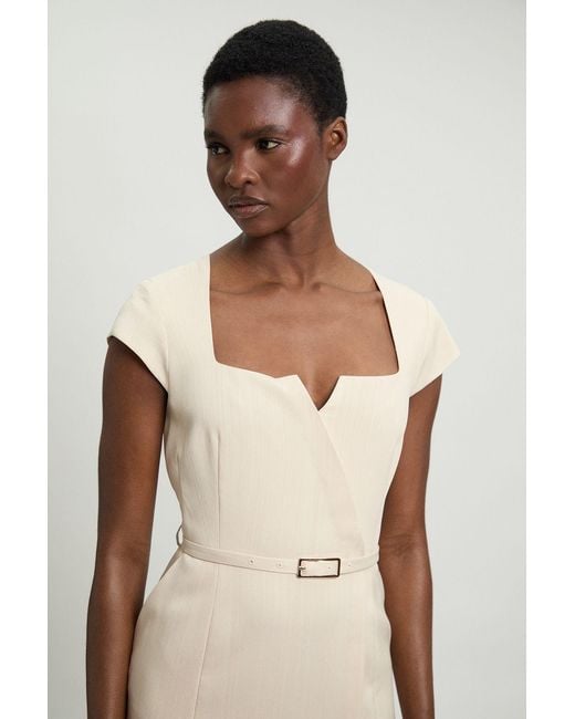 Karen Millen Natural Viscose Blend Belted Square Neck Tailored Pencil Dress
