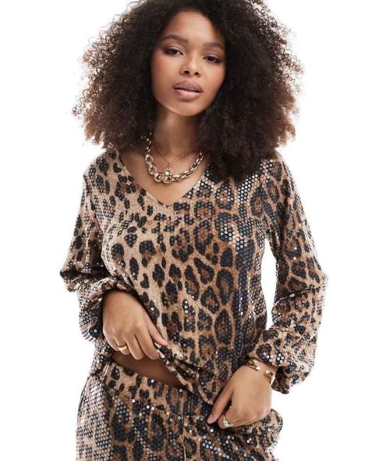 Threadbare Brown Leopard Print Tie Front Sequin Long Sleeve Top