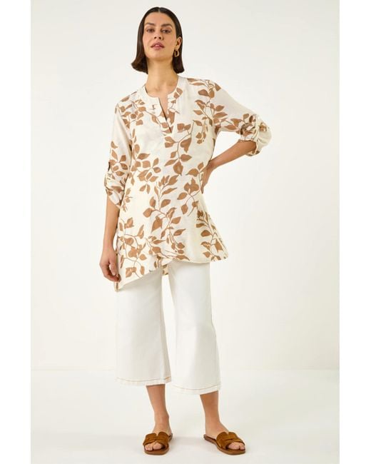 Roman Natural Leaf Print Wrap Hem Tunic Top