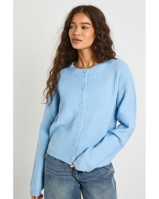 Boohoo Blue Super Soft Crew Neck Knitted Chunky Cardigan