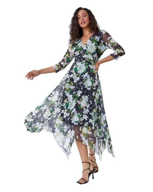 D.u.s.k Green Abstract Stretch Mesh Hanky Hem Wrap Dress