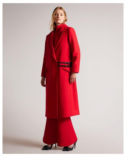 Ted Baker Red Frejia Crombie Coat With Detachable Strap Detail