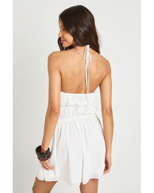 Boohoo White Chiffon Shirred Halterneck Mini Dress