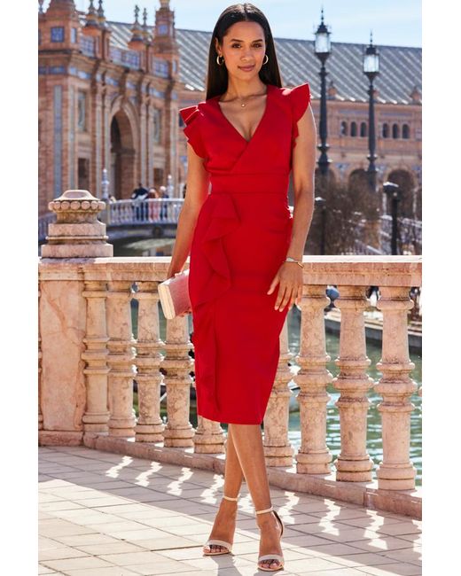 Sosandar Red Premium Ruffle Detail Midi Jersey Dress