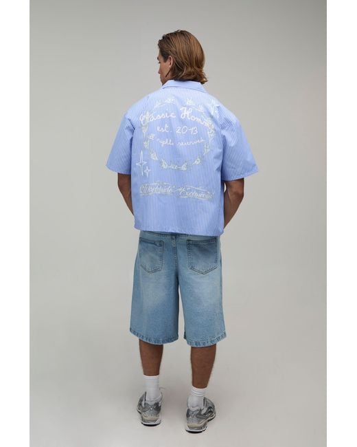 BoohooMAN Blue Oversized Crop Graffiti Print Half Sleeve Shirt for men