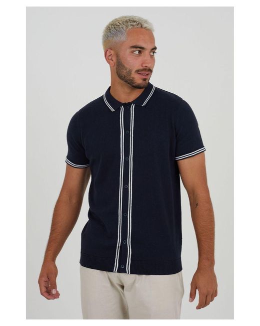 Brave Soul Blue 'Campos' Short Sleeve Button Through Knitted Polo for men