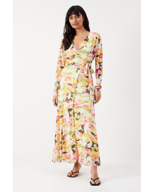 Warehouse Metallic Bloom Floral Mesh Asymmetric Seam Wrap Midi Dress