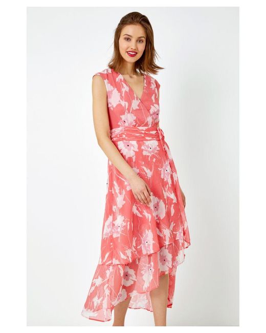 Roman Embellished Floral Print Tiered Midi Dress