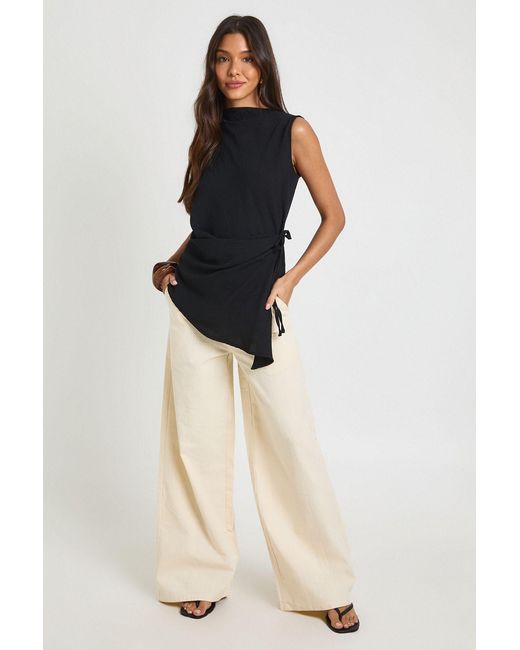 Boohoo Black Hammered High Cowl Tie Side Drape Blouse