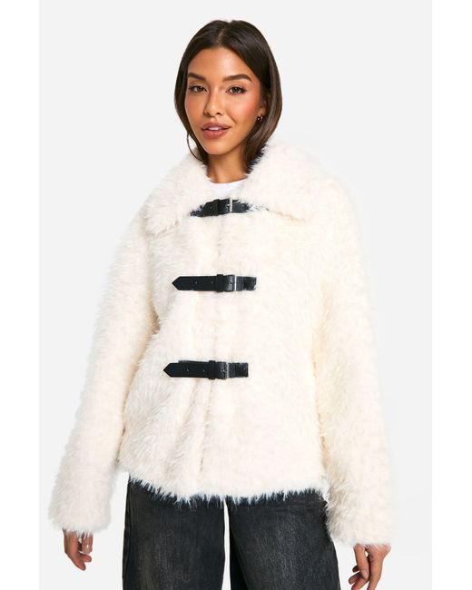 Boohoo Natural Textured Faux Fur Buckle Detail Jacket