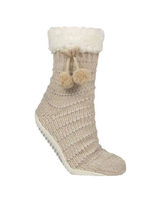 Elle Natural 1 Pair Ladies Chenille Slipper Socks With Moccasin Sole