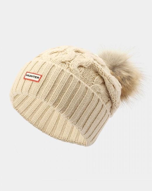 Hunter Natural Cable Knit Beanie With Pom