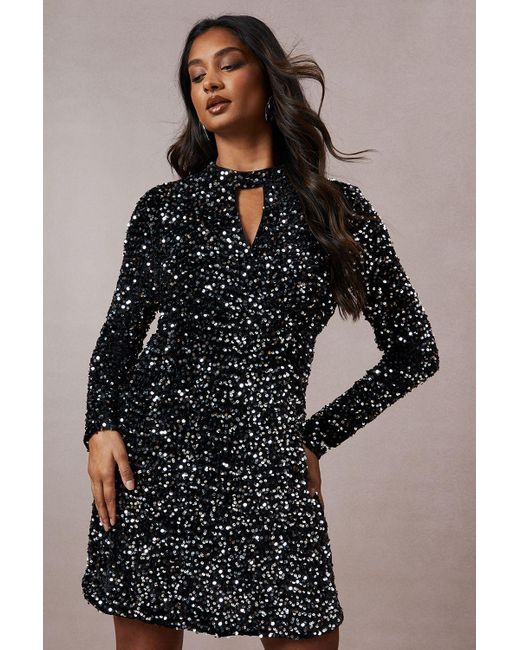 Oasis Metallic Velvet Sequin Keyhole Mini Dress