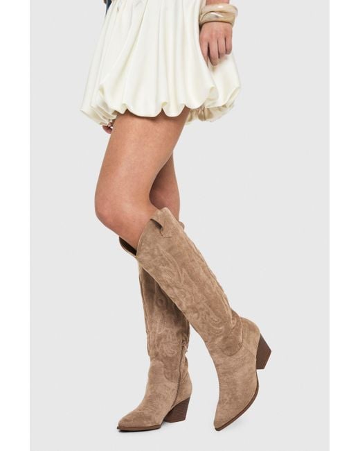 Boohoo Gray Knee High Embroidered Western Boots
