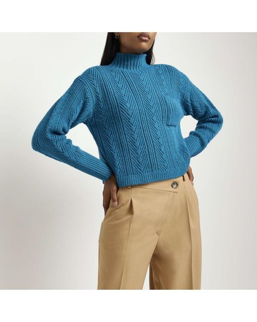 River Island Jumper Blue Cable Knitted Pocket