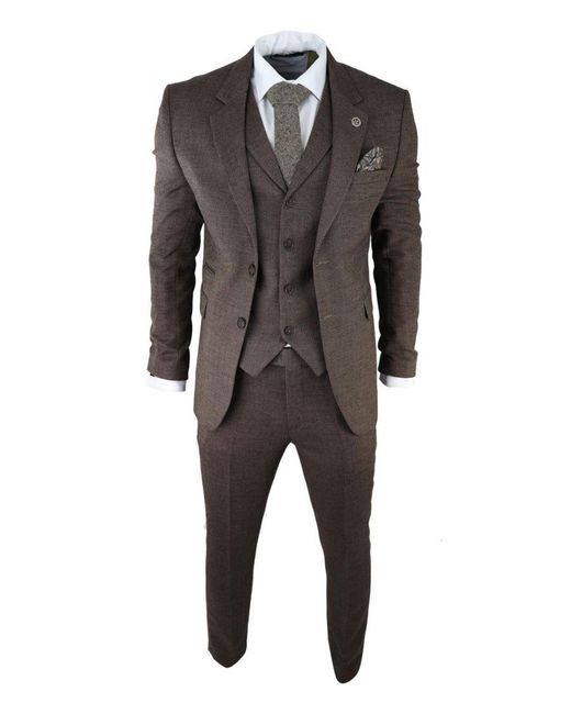 TruClothing Brown 3 Piece Tweed Herringbone Suit Peaky Blinders Classic Tailored for men