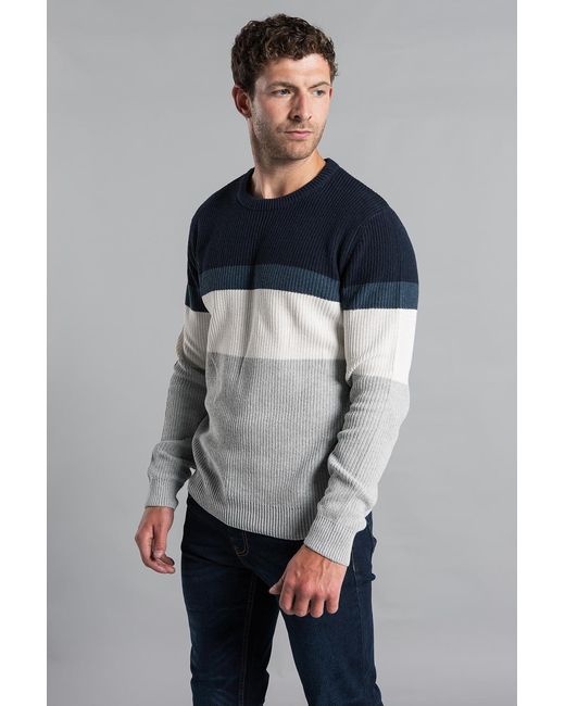 Kensington Eastside Gray Striped Waffle Knit Crew Neck Jumper for men