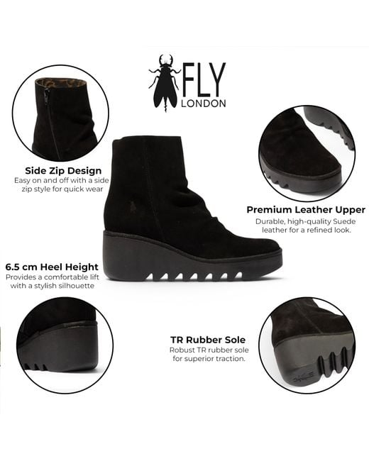 Fly London Black Suede Leather Wedge Heel Platform Ankle Boots