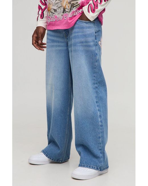 BoohooMAN Blue Baggy Fit Pu Applique Rhinestone Jeans for men