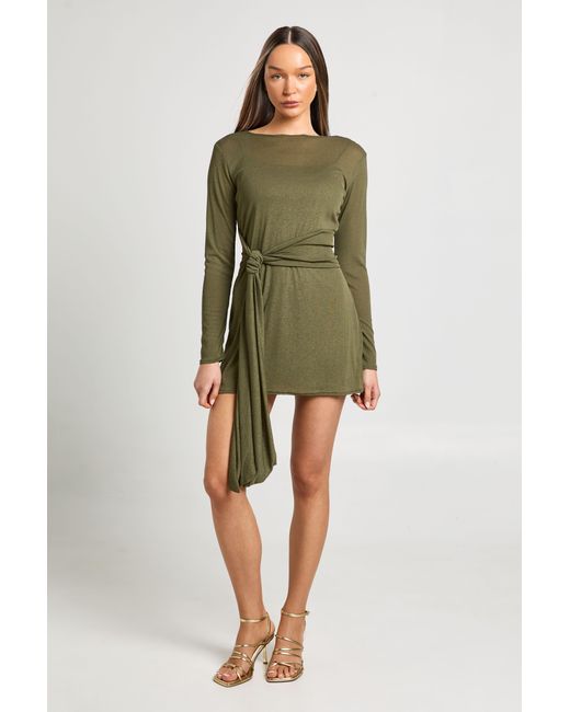 Boohoo Green Textured Mesh Tie Waist Flare Sleeve Dress
