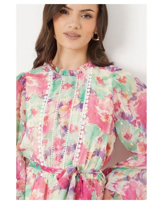 Oasis Pink Floral Metallic Midi Dress