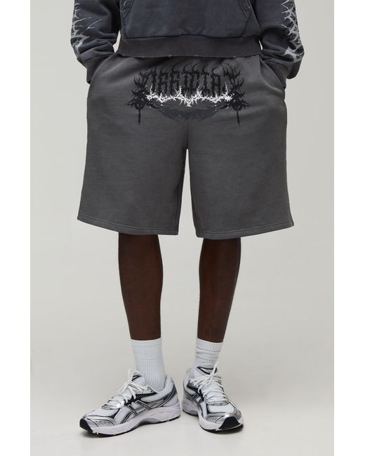 BoohooMAN Gray Baggy Fit Gothic Washed Loopback Jersey Short for men
