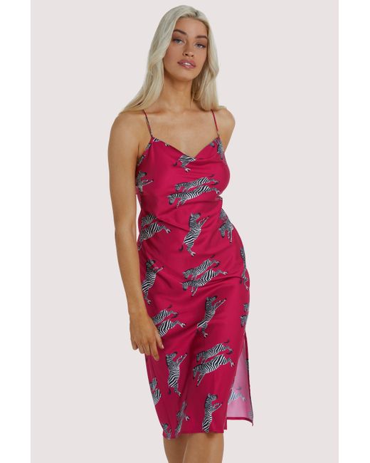 Kilo Brava Red Cowl Midi Slip Zebra Dress