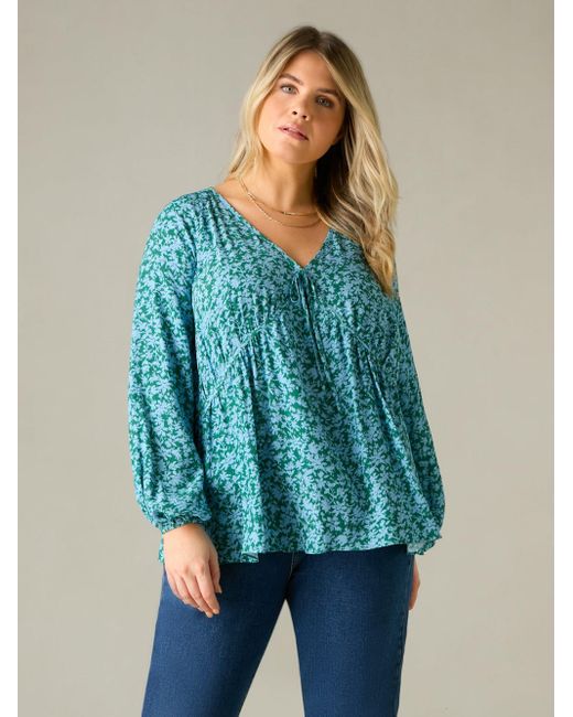 Live Unlimited Blue Multi Ditsy Print Tie Neck Blouse