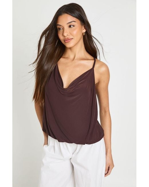 Boohoo White Slinky Back Trim Draped Cowl Neck Blouson Cami Top
