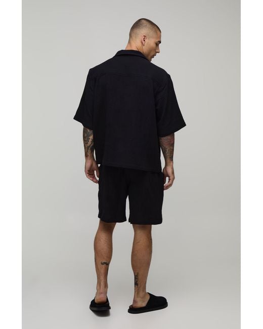 BoohooMAN Blue Cheesecloth Oversized Half Sleeve V Neck Shirt & Relaxed Short Set for men