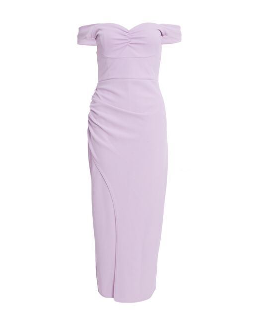Quiz Purple Petite Lilac Ruched Bardot Maxi Dress
