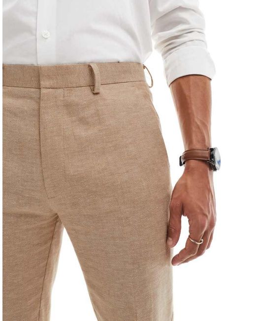 ASOS Natural Slim Herringbone Suit Trouser With Linen for men