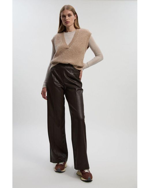 Karen Millen Brown Faux Leather Seam Detail Wide Leg Tailored Trouser