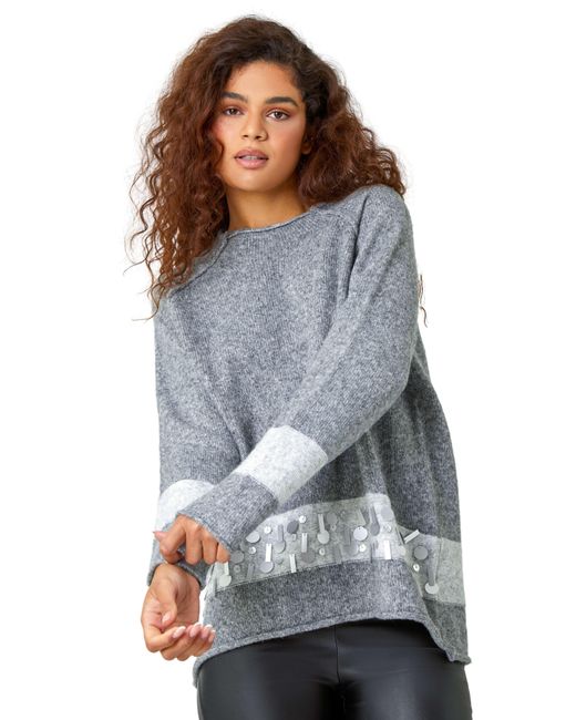 Roman Gray Sequin Colour Block Funnel Neck Jumper