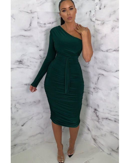 Femme Luxe Green One Shoulder Ruched Slinky Midi Dress