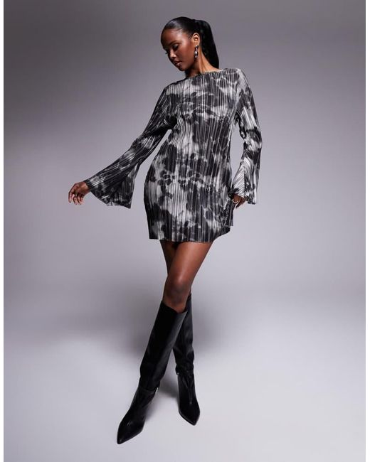 ASOS Gray Plisse Angel Sleeve Mini Dress