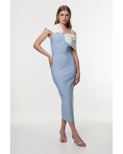 Karen Millen Blue Figure Form Bandage Asymmetric Strap Knit Midi Dress