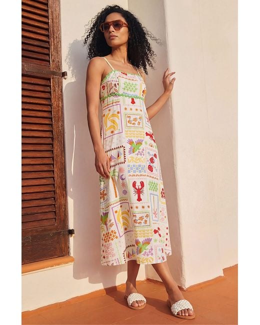 Roman Brown Postcard Print Strappy Ric Rac Midi Dress
