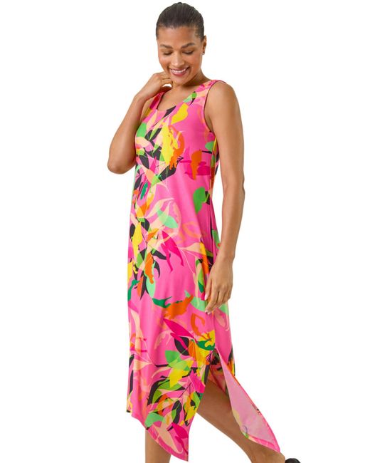 Roman Red Floral Print Hanky Hem Midi Dress